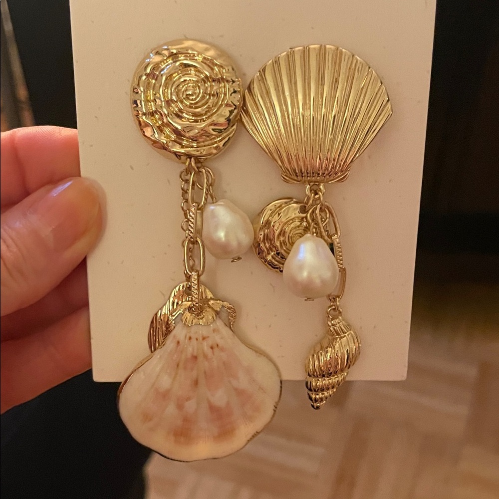 Gold Shell and Pearl Drop Earrings